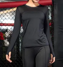 Women Tight-Fitting Pro Fitness Running Yoga Sports T-Shirt Wicking And Quick-Drying Mesh Stitching Stretch Long Sleeves - ShopShipShake