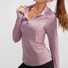 Fall/Winter Women Sports Long-Sleeved Fitness Running Yoga Wear High Stretch Tights Quick-Drying Stand-Up Collar Sweater - ShopShipShake
