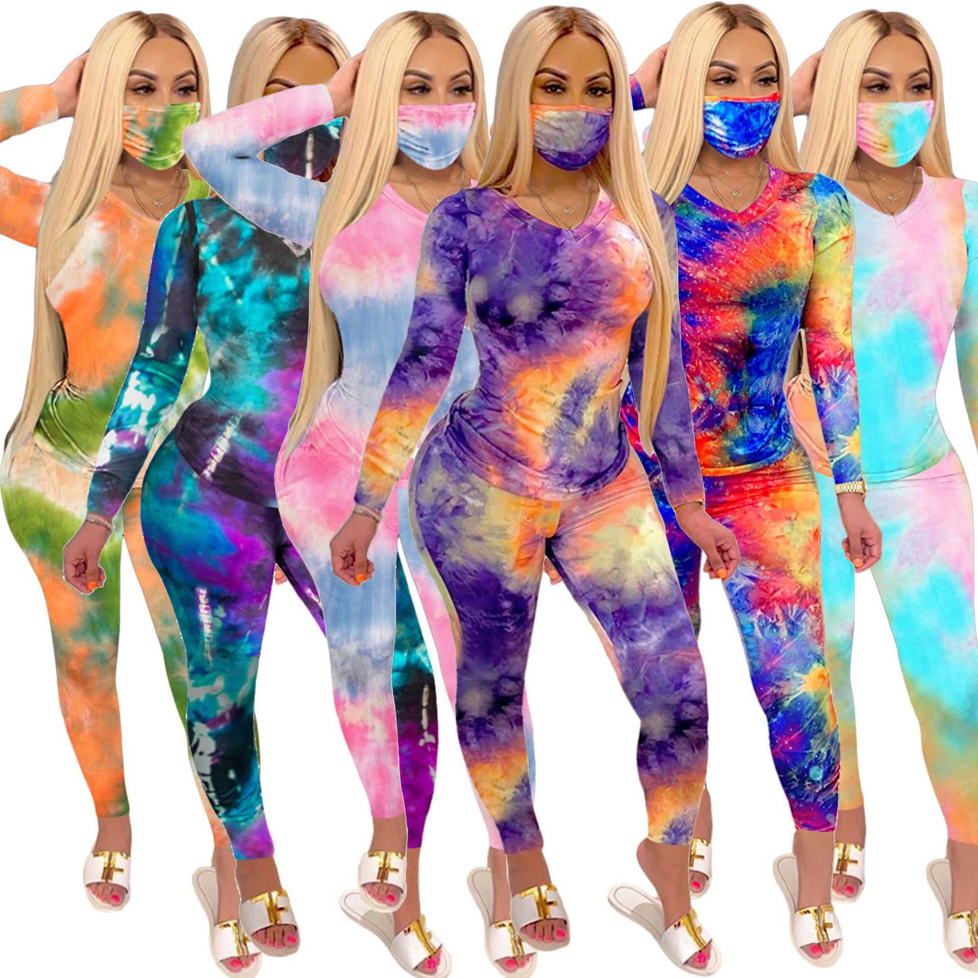 Women'S Clothing  Popular Casual Tie Dye V-Neck Home Leisure Sports Two Piece Suit With Mask