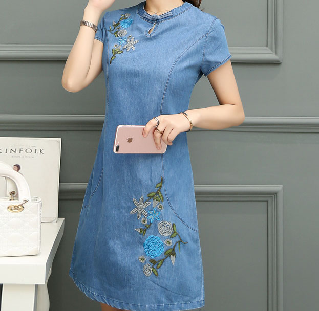 Drip Tray Button Slim Embroidery Length Cheongsam Skirt Denim Dress