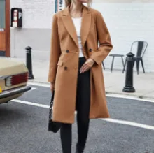 Women'S Medium Long Lapel Cardigan Double Row Button Down Tweed Autumn And Winter Coat - ShopShipShake