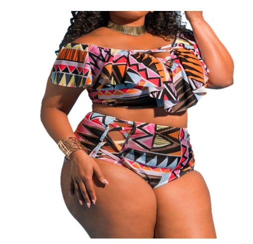 Ladies Big High Waist Printed Bikini One-shoulder Multi-rope Swimwear