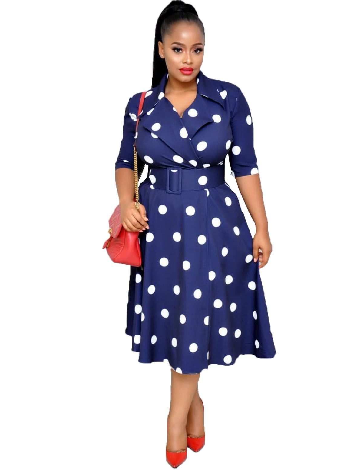 New African Dress Mid-Sleeve Stitching Large Size Wide Belt Dress Lady Dress
