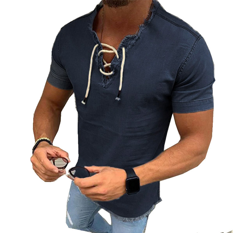 Men's Shirt Lace Up Tassel Elastic Denim Shirt