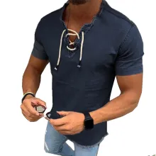 Men's Shirt Lace Up Tassel Elastic Denim Shirt - ShopShipShake