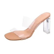 Sandals for Women Thick Heels Summer High Heeled Transparent Flat Slippers Crystal Heel - ShopShipShake