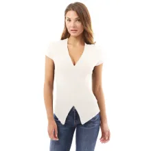 Women's Top European And American Thin Slim Fit Splicing V-neck Solid Sleeve Short T-shirt For Women - ShopShipShake