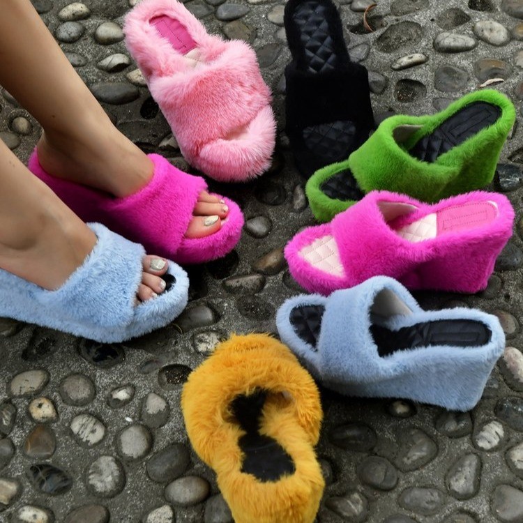 Women's Fall Plus Size Mink Fur Slippers Platform Wedge Heel Lady Shoes